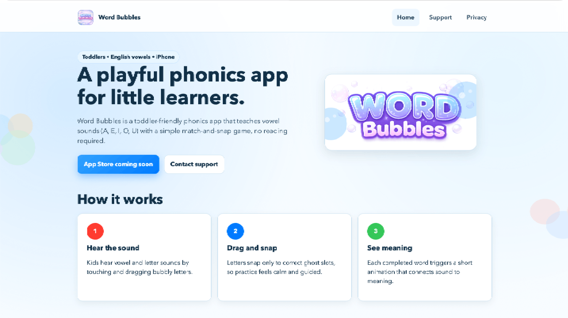 WordBubble Learn to Read phonics game app screenshot for toddlers